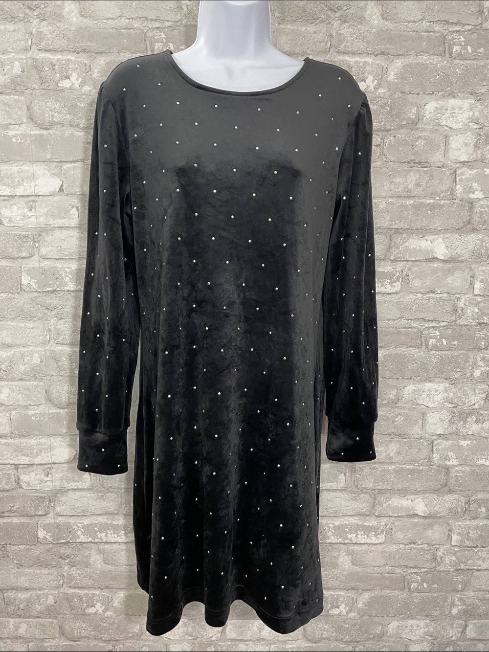LOFT Black Velvet Long Sleeve Dress with Stud Accents